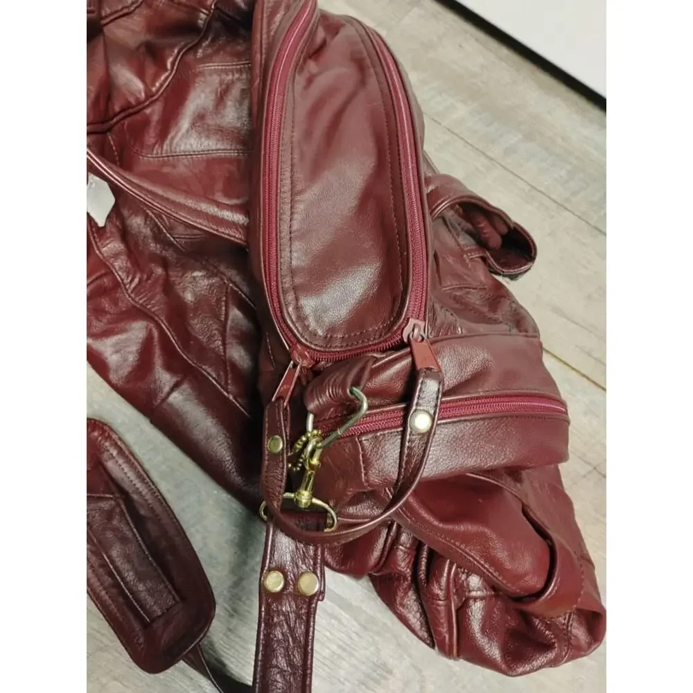 Vtg Carroll Leather Goods Genuine Leather Burgundy Weekender Duffel Travel Bag